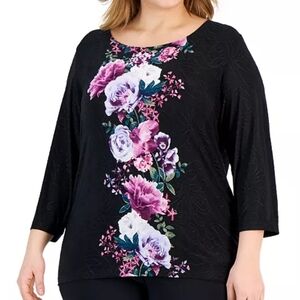 3X Plus Size JM Collection Jacquard Tunic Style Top Black 3/4 Sleeve